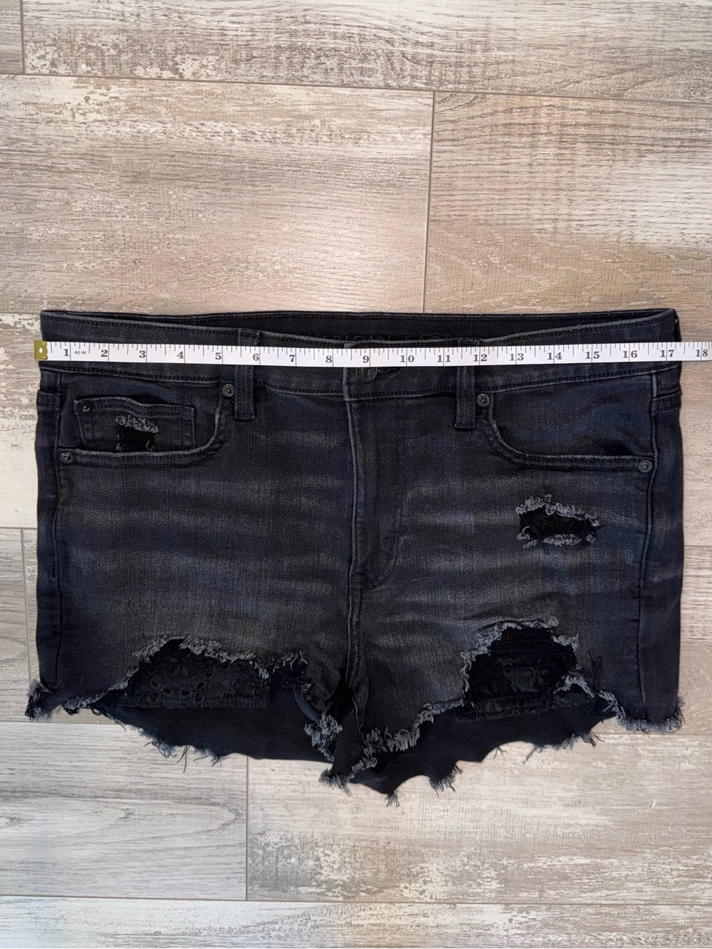 American Eagle Next Level Stretch Black Distressed Floral Eyelet Denim Shorts - Picture 9 of 10